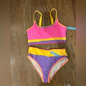 Bondi Born Colorblock High-Waist Bikini Set in Pink, Yellow & Purple